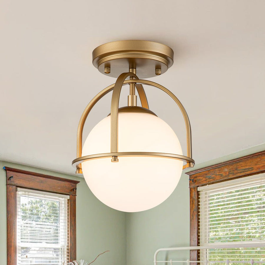 Farmhouze Light-Mid-century 1-Light Opal Glass Globe Semi-Flush Mount-Ceiling Light-Black-