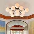 Load image into Gallery viewer, Farmhouze Light - Mid - Century 11 - Light Opal Glass Globe Sunburst Semi Flush - Chandelier - Black/11 - Light -