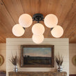 Load image into Gallery viewer, Farmhouze Light - Mid - Century 11 - Light Opal Glass Globe Sunburst Semi Flush - Chandelier - Black/6 - Light -