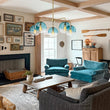 Load image into Gallery viewer, Farmhouze Light - Modern 5 - Light Glass Globe Bubble Round Sputnik Chandelier - Chandelier - Blue + Brass -