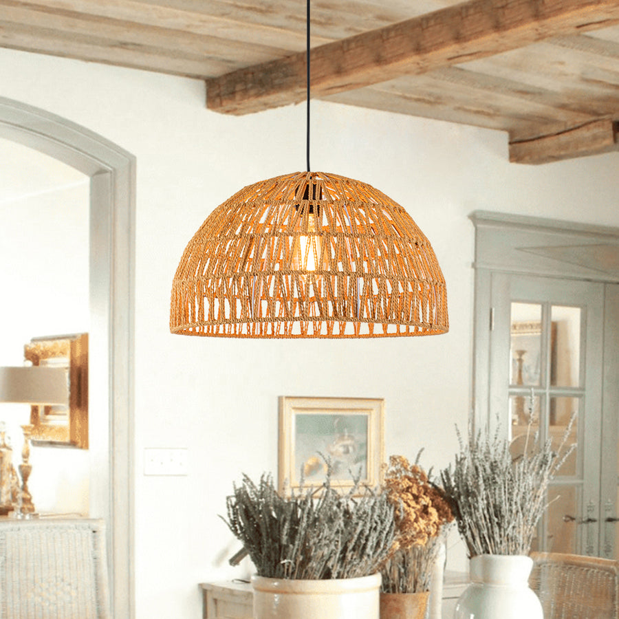 1-Light Rustic Boho Woven Rope Dome Pendant Light | Farmhouze Light