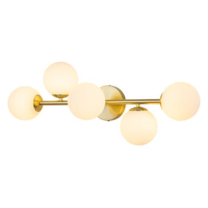 5-Light Brass Linear Opal Glass Globe Vanity Wall Light