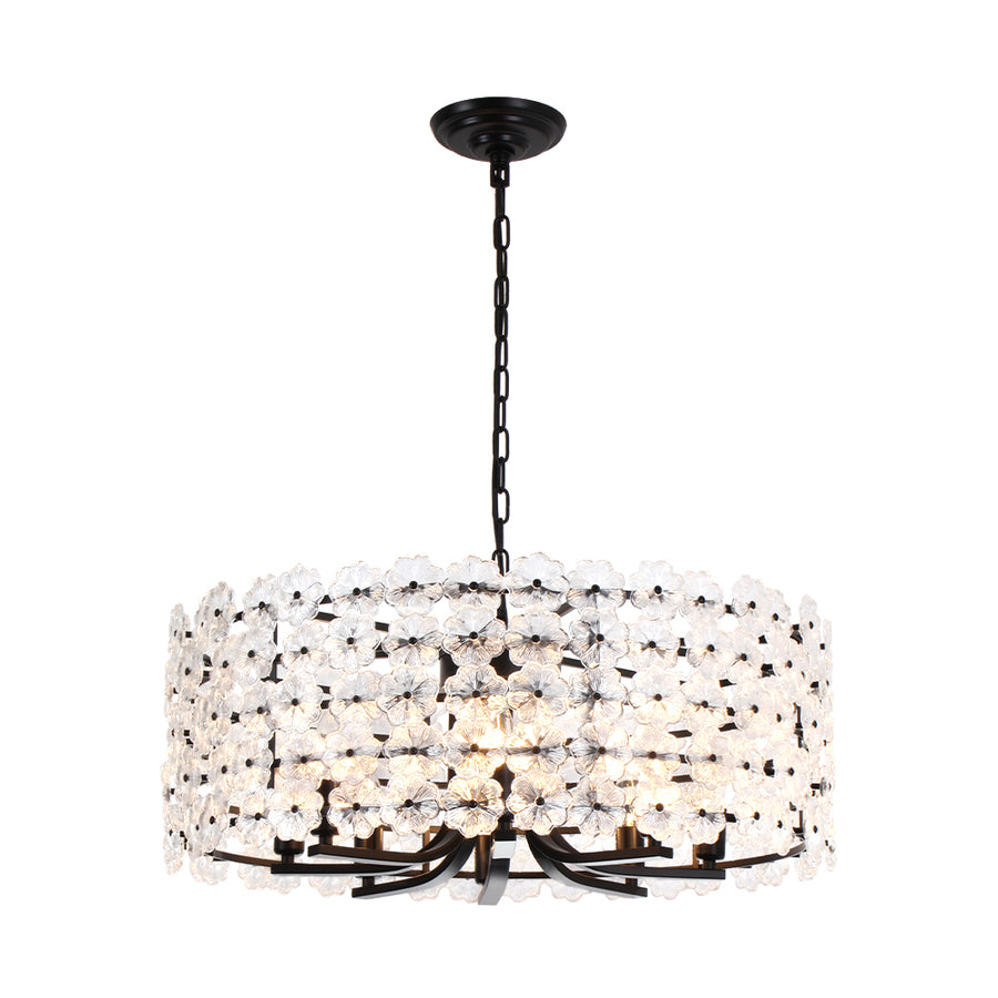 French Country Luxe Glass Flower Round Drum Cage Chandelier
