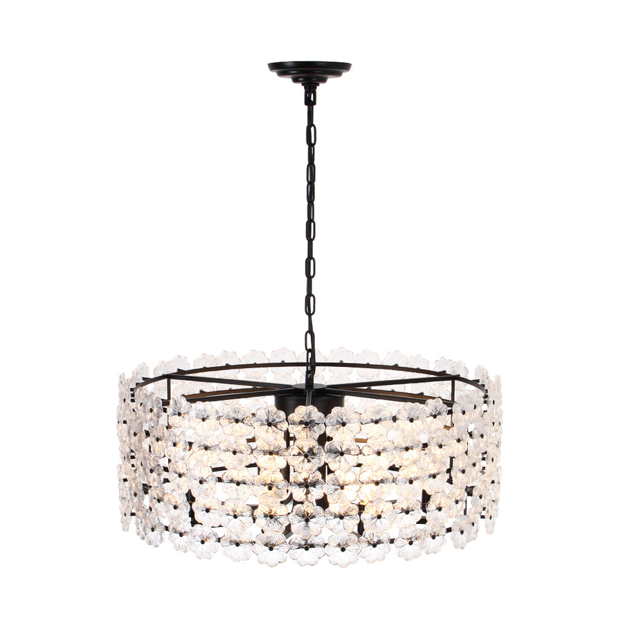 French Country Luxe Glass Flower Round Drum Cage Chandelier
