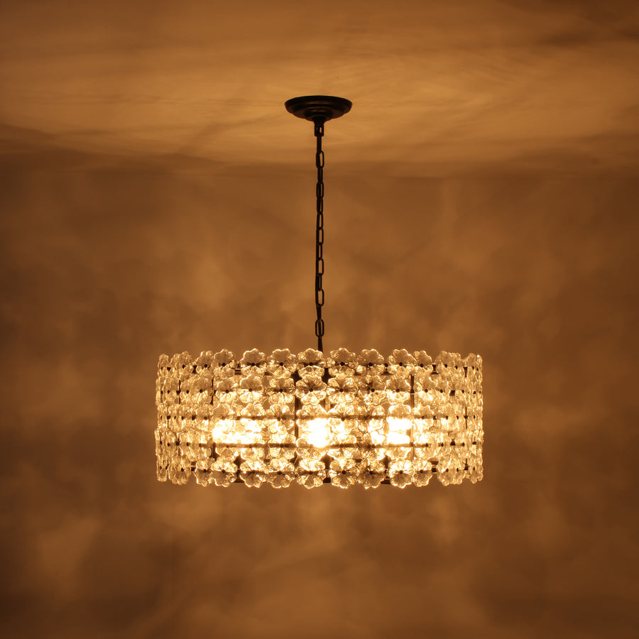 French Country Luxe Glass Flower Round Drum Cage Chandelier