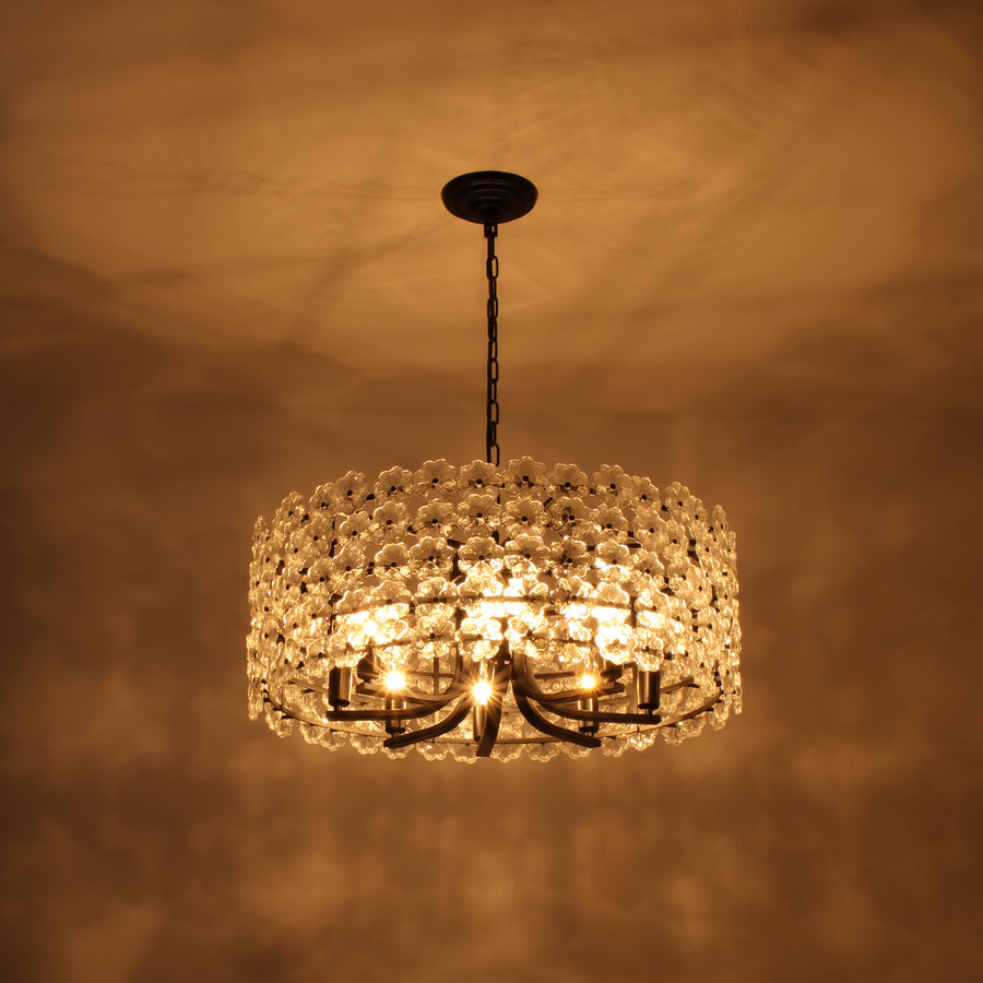 French Country Luxe Glass Flower Round Drum Cage Chandelier