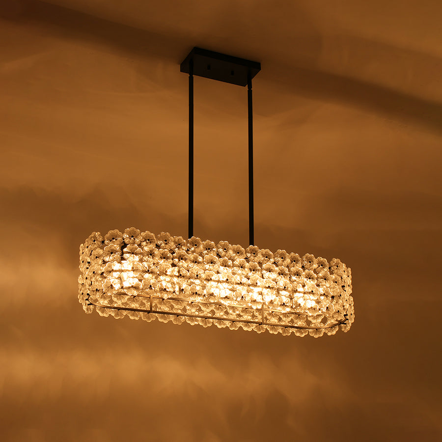 French Luxe Glass Flower Wide Cage Kitchen Island Pendant