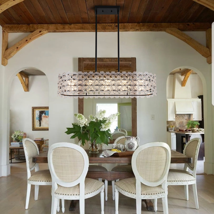 French Luxe Glass Flower Wide Cage Kitchen Island Pendant