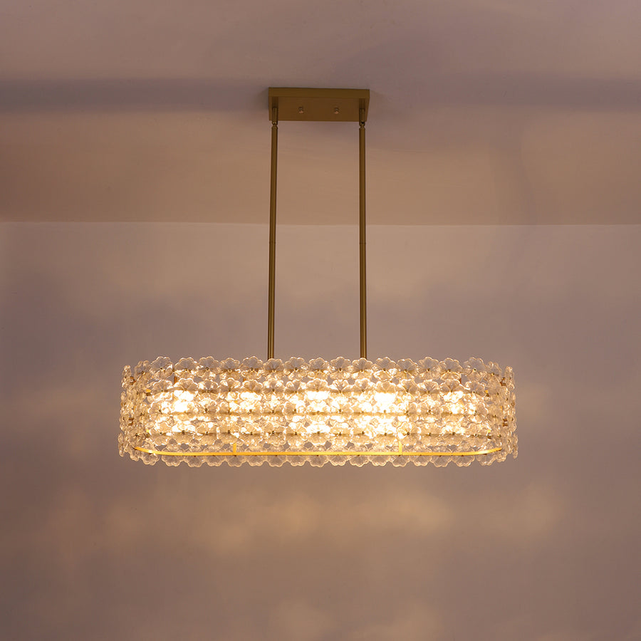 French Luxe Glass Flower Wide Cage Kitchen Island Pendant