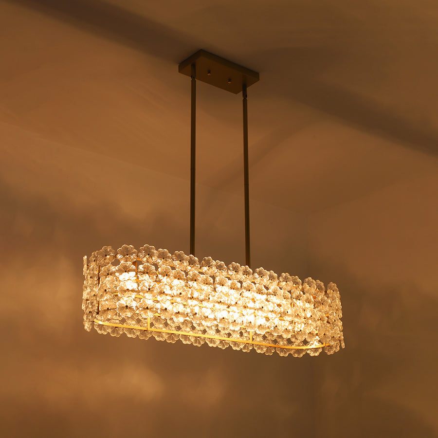 French Luxe Glass Flower Wide Cage Kitchen Island Pendant
