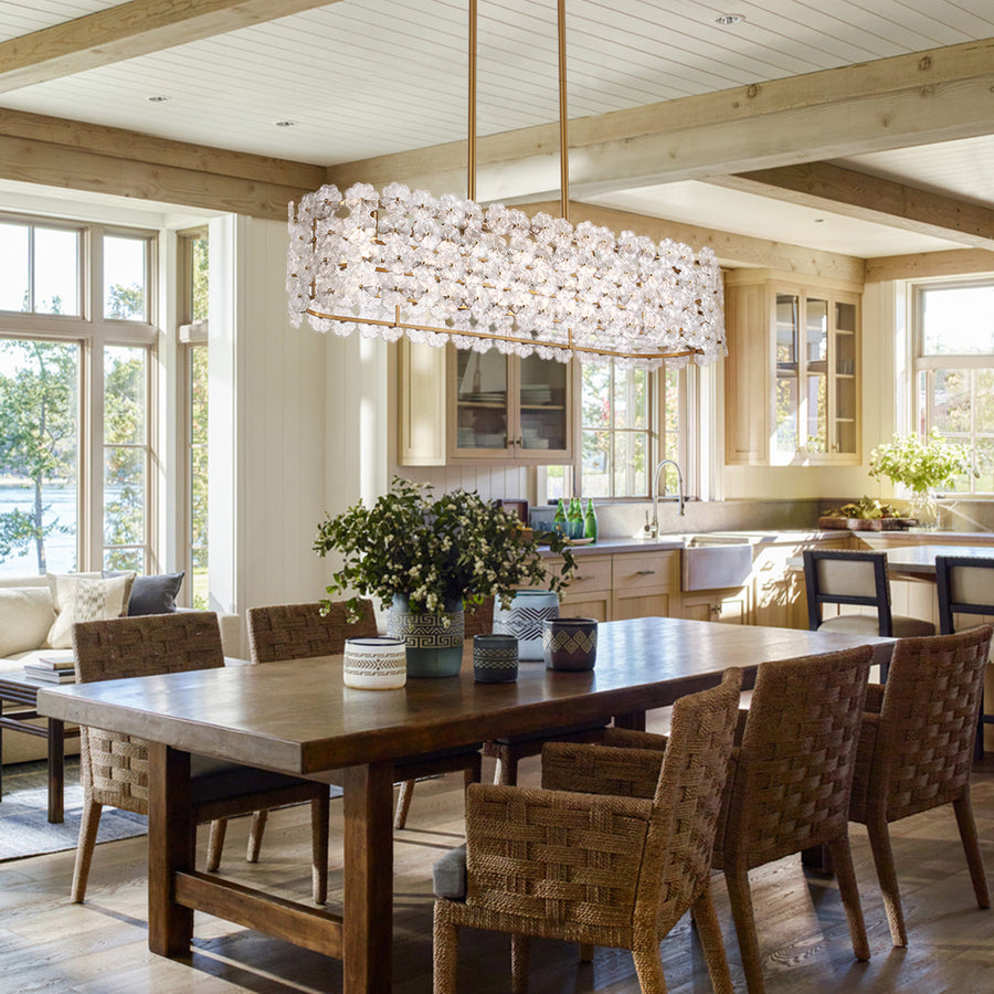 French Luxe Glass Flower Wide Cage Kitchen Island Pendant