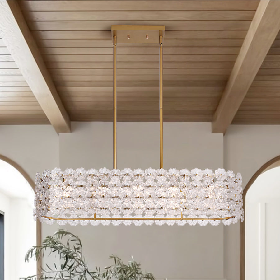 French Luxe Glass Flower Wide Cage Kitchen Island Pendant