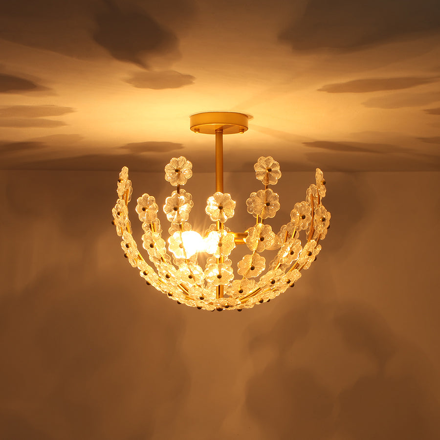 Glam Glass Flower Vine Gold Cage Semi Flush Ceiling Light