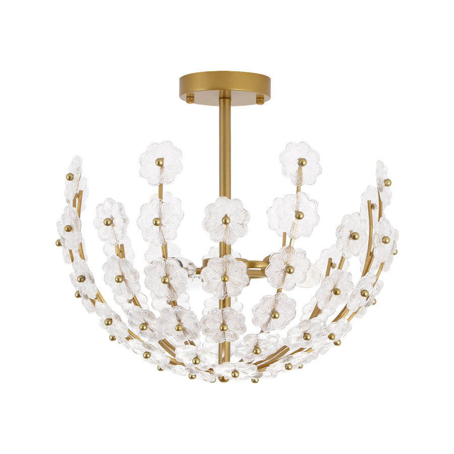 Glam Glass Flower Vine Gold Cage Semi Flush Ceiling Light