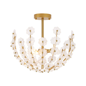 Glam Glass Flower Vine Gold Cage Semi Flush Ceiling Light
