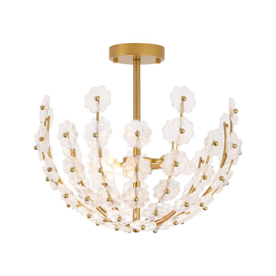 Glam Glass Flower Vine Gold Cage Semi Flush Ceiling Light
