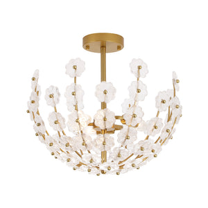 Glam Glass Flower Vine Gold Cage Semi Flush Ceiling Light