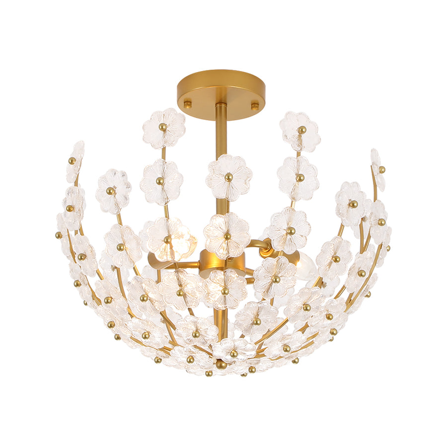 Glam Glass Flower Vine Gold Cage Semi Flush Ceiling Light