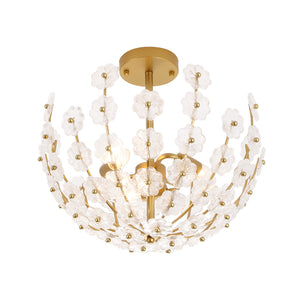 Glam Glass Flower Vine Gold Cage Semi Flush Ceiling Light