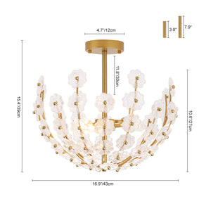 Glam Glass Flower Vine Gold Cage Semi Flush Ceiling Light