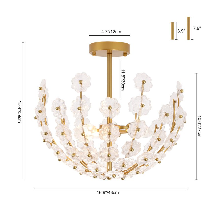 Glam Glass Flower Vine Gold Cage Semi Flush Ceiling Light