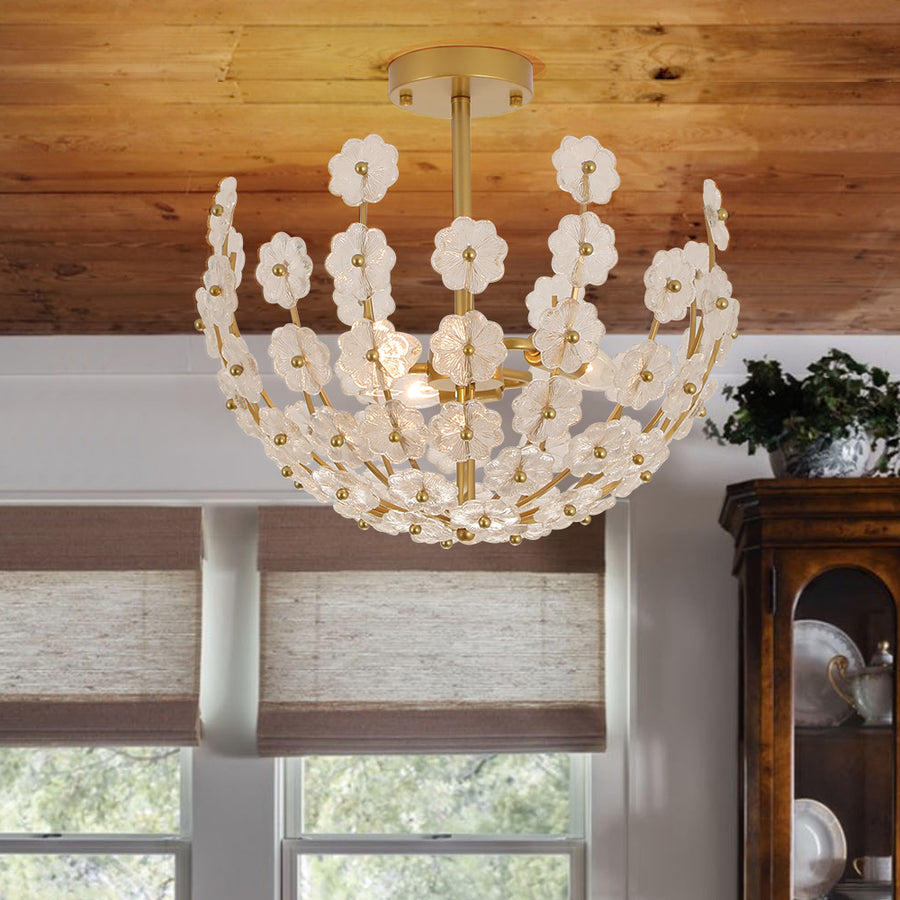Glam Glass Flower Vine Gold Cage Semi Flush Ceiling Light