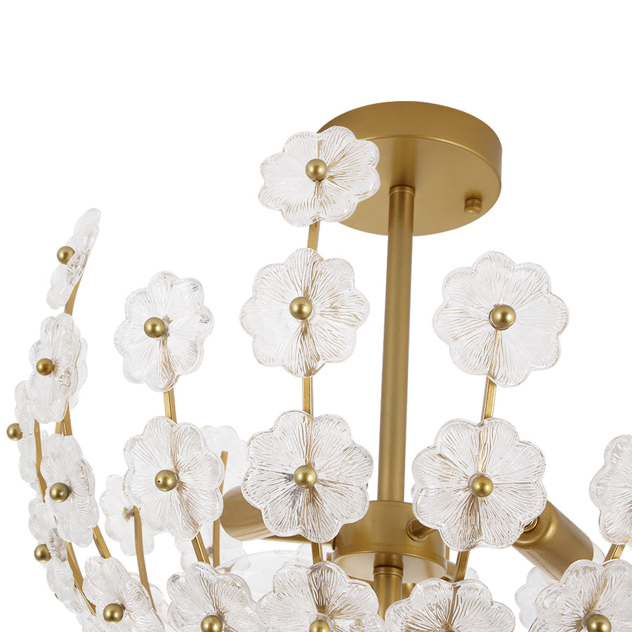 Glam Glass Flower Vine Gold Cage Semi Flush Ceiling Light