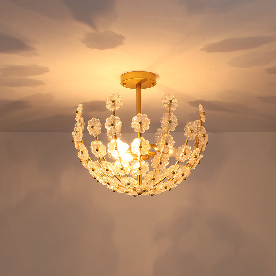 Glam Glass Flower Vine Gold Cage Semi Flush Ceiling Light