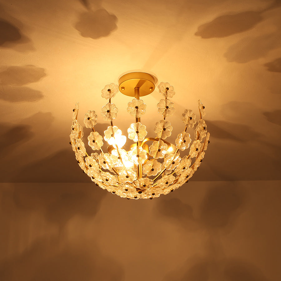 Glam Glass Flower Vine Gold Cage Semi Flush Ceiling Light