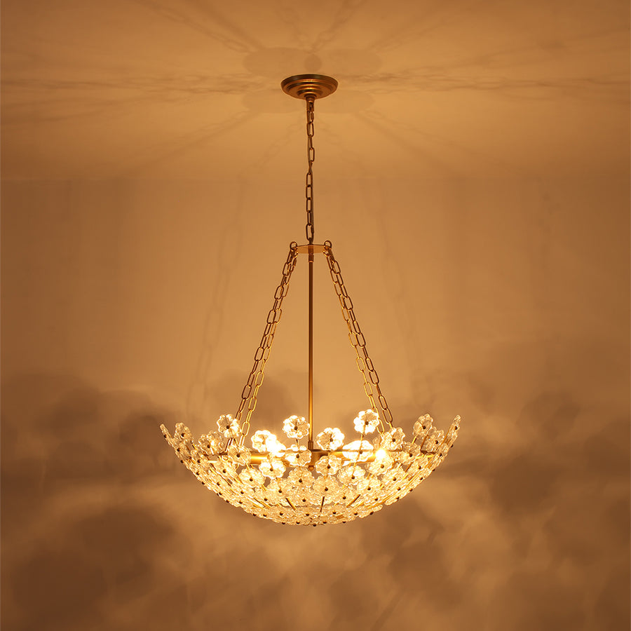 Glam Vintage Glass Flower Vine Gold Wide Basin Chandelier