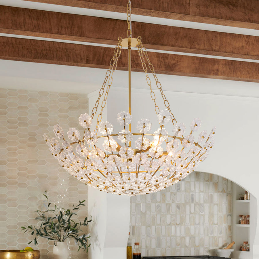 Glam Vintage Glass Flower Vine Gold Wide Basin Chandelier