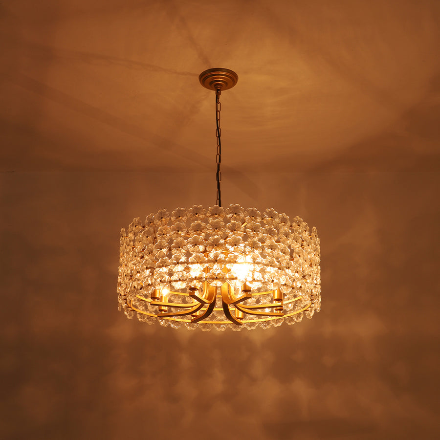 French Country Luxe Glass Flower Round Drum Cage Chandelier