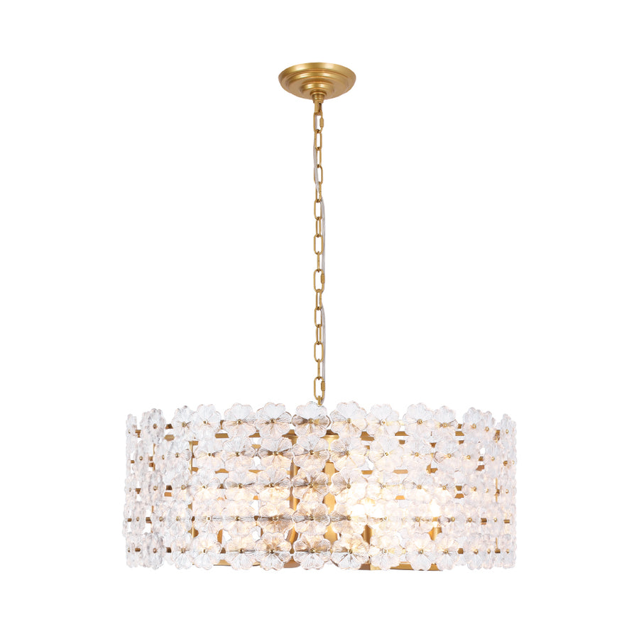 French Country Luxe Glass Flower Round Drum Cage Chandelier