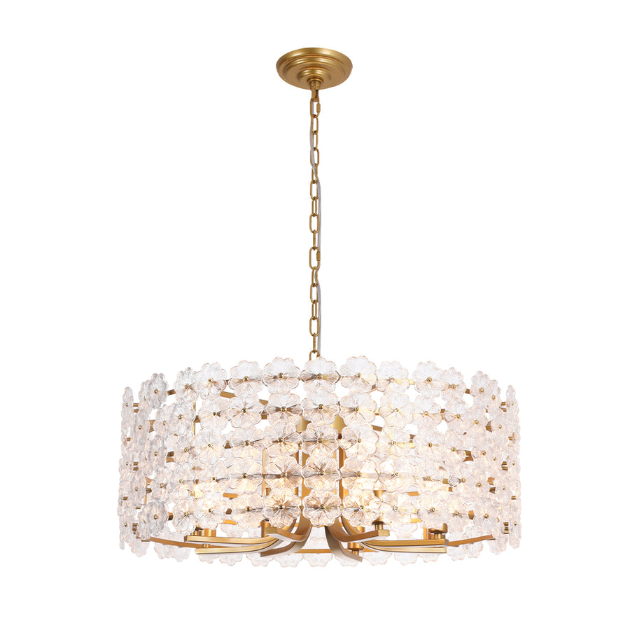 French Country Luxe Glass Flower Round Drum Cage Chandelier