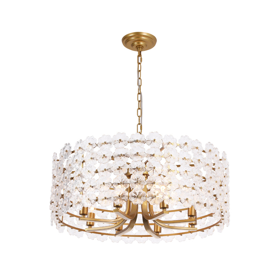French Country Luxe Glass Flower Round Drum Cage Chandelier
