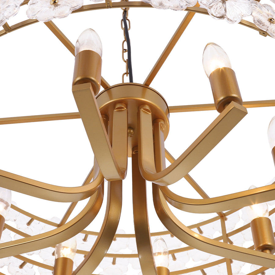 French Country Luxe Glass Flower Round Drum Cage Chandelier