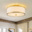 Load image into Gallery viewer, 20" Mid-Century Brass White Fabric Round Drum Ceiling Light
