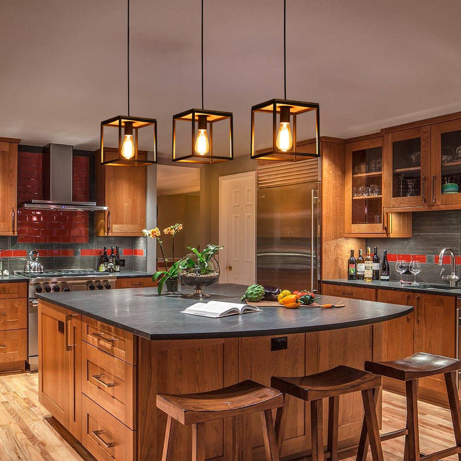 1-Light Wood Black Metal Square Lantern Pendant Farmhouze Light