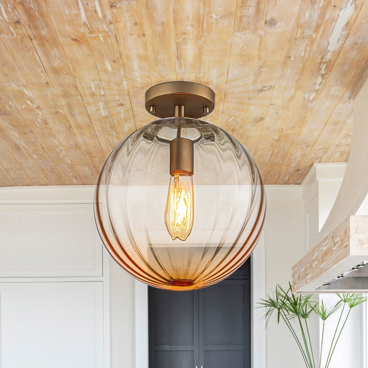 Farmhouze Light - 1 - Light Colored Tinted Ribbed Glass Globe Ceiling Light - Ceiling Light - Amber - 