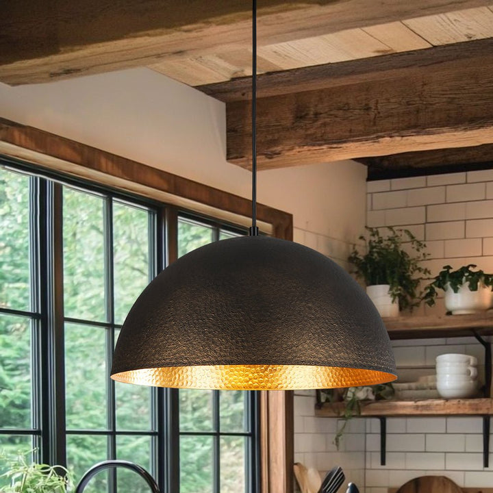 Farmhouze Light - 1 - Light Industrial Black Hammered Iron Dome Pendant - Chandelier - 15in - 