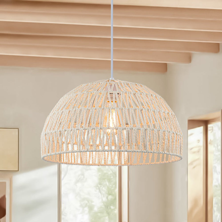 Farmhouze Light - 1 - Light Rustic Boho Woven Rope Dome Pendant Light - Pendant - Medium - White