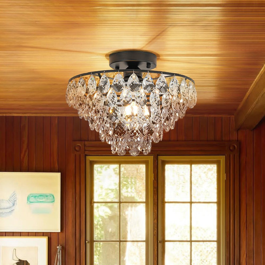 Farmhouze Light - 1 - Light Tiered Sparkle Crystal Accented Semi Flush Mount - Chandelier - Black - 