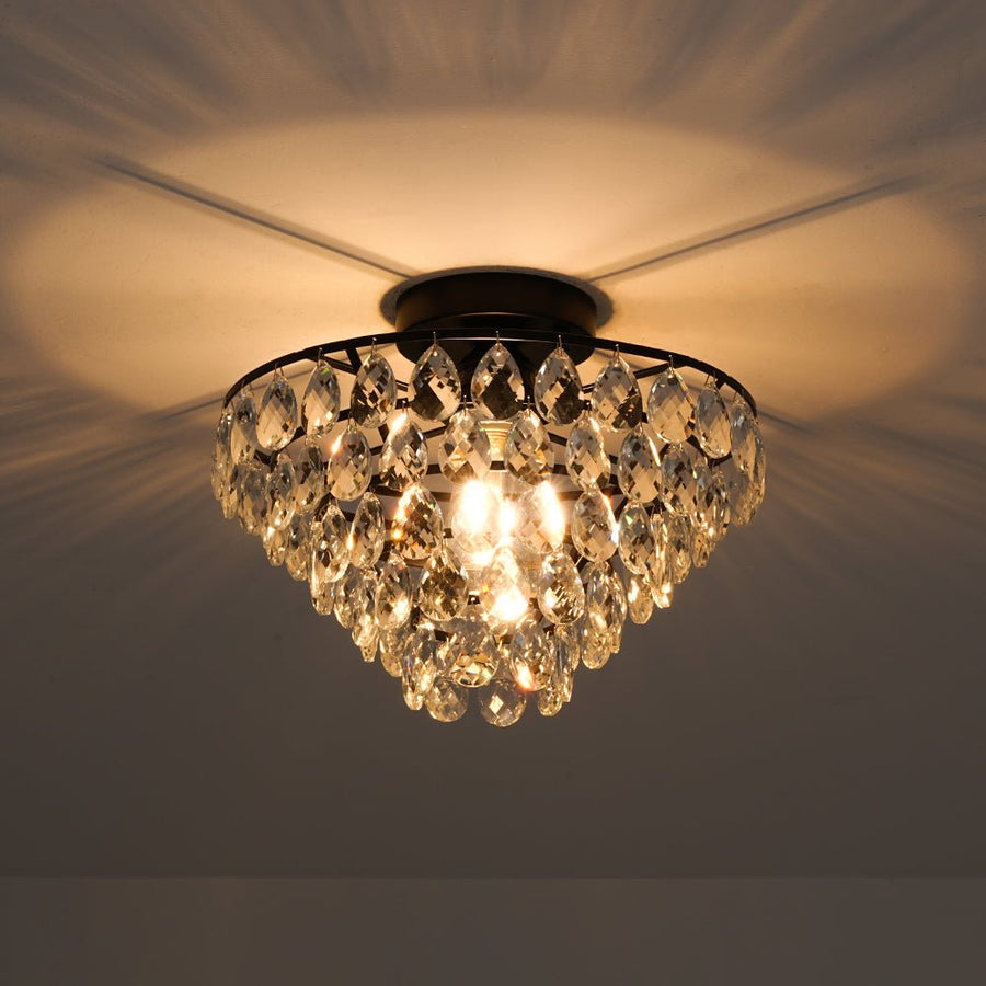 Farmhouze Light - 1 - Light Tiered Sparkle Crystal Accented Semi Flush Mount - Chandelier - Black - 