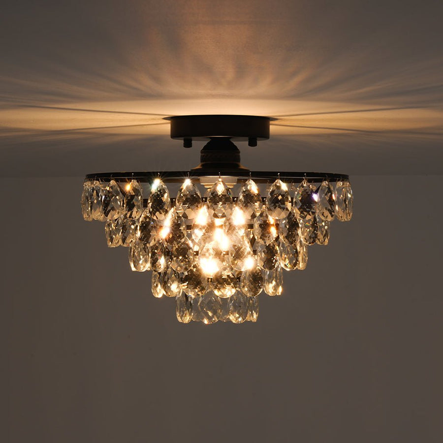 Farmhouze Light - 1 - Light Tiered Sparkle Crystal Accented Semi Flush Mount - Chandelier - Black - 