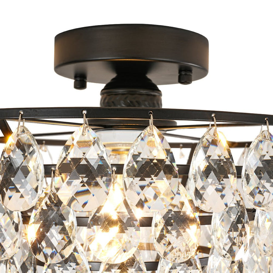 Farmhouze Light - 1 - Light Tiered Sparkle Crystal Accented Semi Flush Mount - Chandelier - Black - 