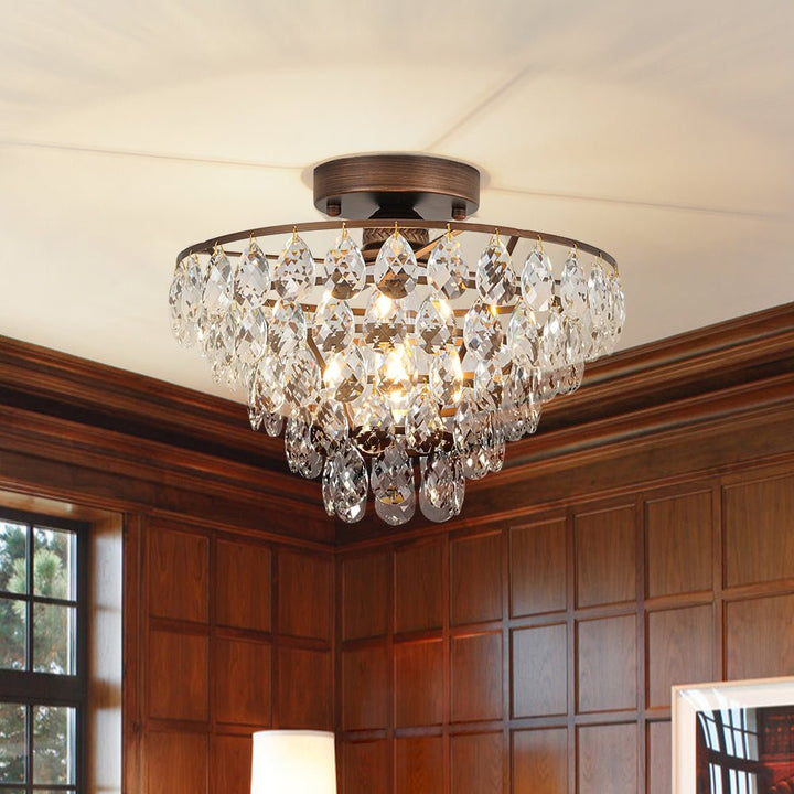Farmhouze Light - 1 - Light Tiered Sparkle Crystal Accented Semi Flush Mount - Chandelier - Oil - Rubbed Bronze - 