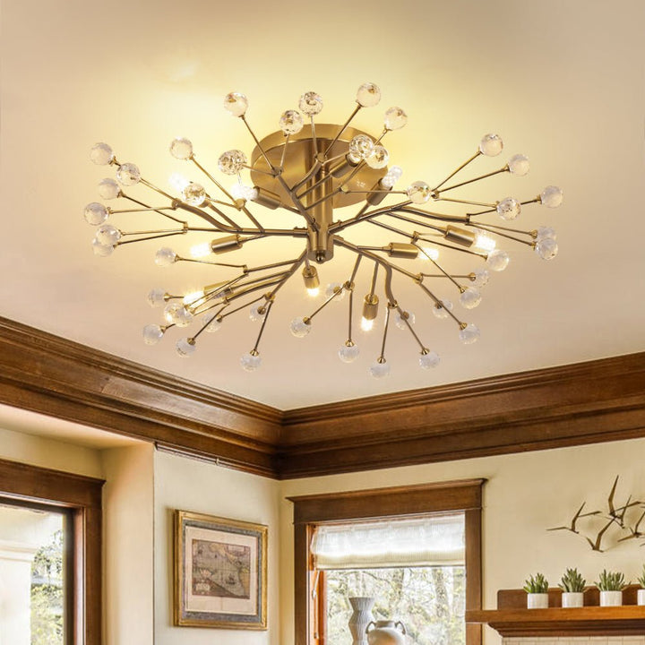 Farmhouze Light - 10 - Light Brass Crystal Sputnik Semi Flush Mount Ceiling Light - Ceiling Light - Brass - 