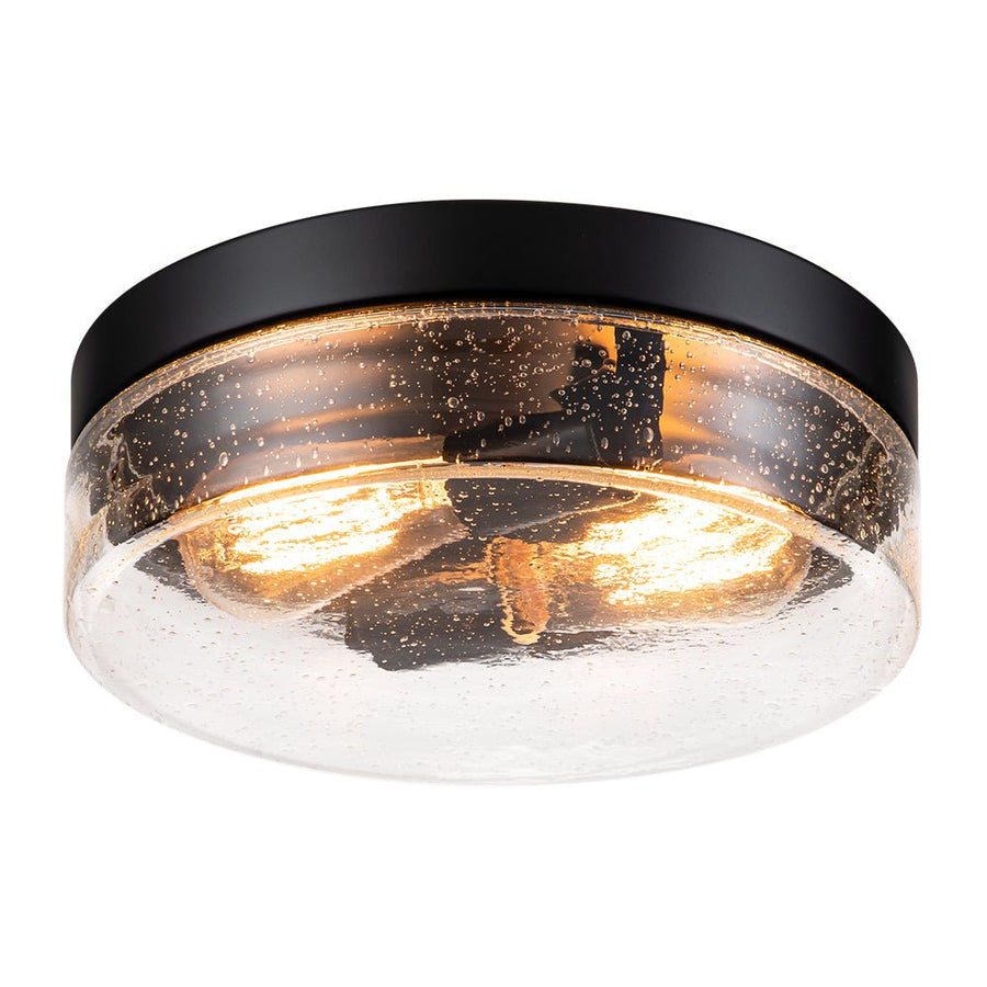 Farmhouze Light - 2 - Light Clear Seeded Glass Round Flush Mount Light - Ceiling Light - Black - 