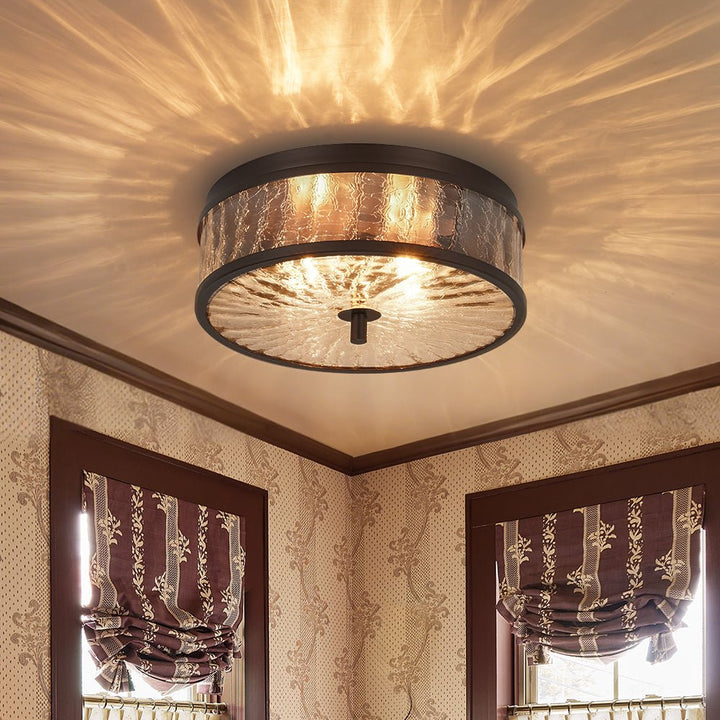 Farmhouze Light - 2 - Light Crackle Textured Glass Round Ceiling Light - Ceiling Light - Oil Rubbed Bronze - 