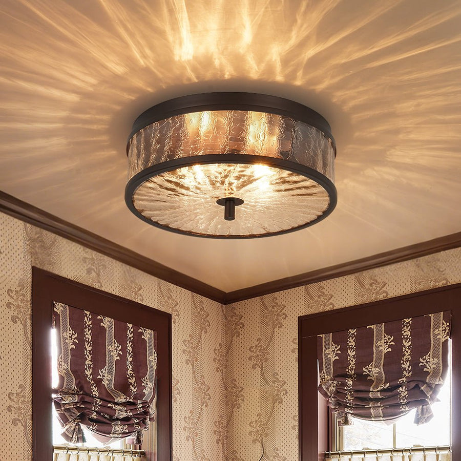 Farmhouze Light - 2 - Light Crackle Textured Glass Round Ceiling Light - Ceiling Light - Oil Rubbed Bronze - 
